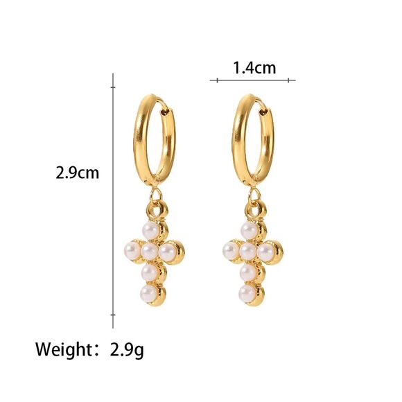 Pearl Cross Dangle Hoop Earrings 18K Gold‎ Plated Stainless Steel - Picture 7 of 7